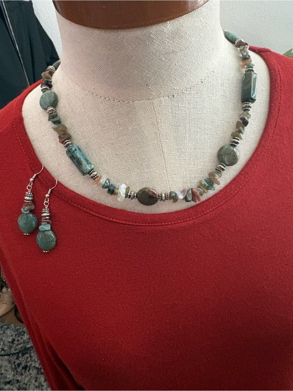 Handcrafted Green Jasper Beaded Necklace & Earrings w/ Sterling Beads & Clasp